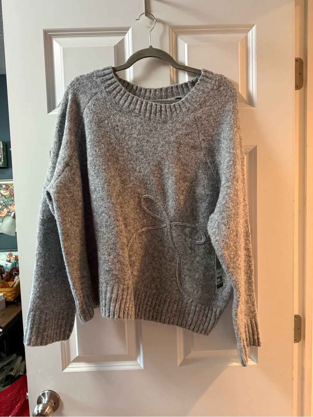 Terra & Sky Light Gray Crewneck Sweater with Bow Detail